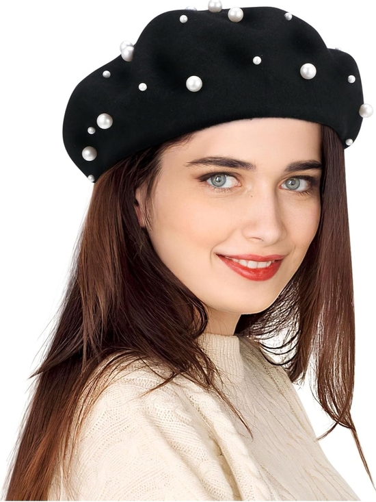 Pearl-Embellished Black Wool Beret - Women Accessories